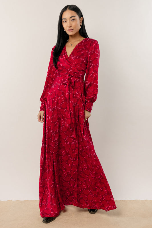 red maxi dress with floral detail