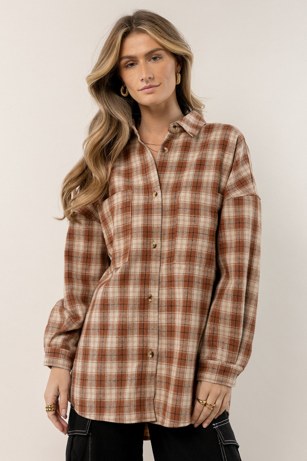 Flannel Blouson Long Sleeve Oversized Shirt