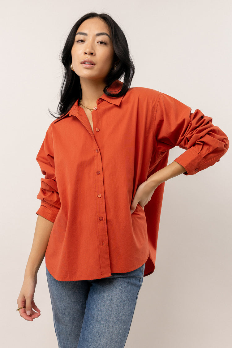 red collared button down blouse