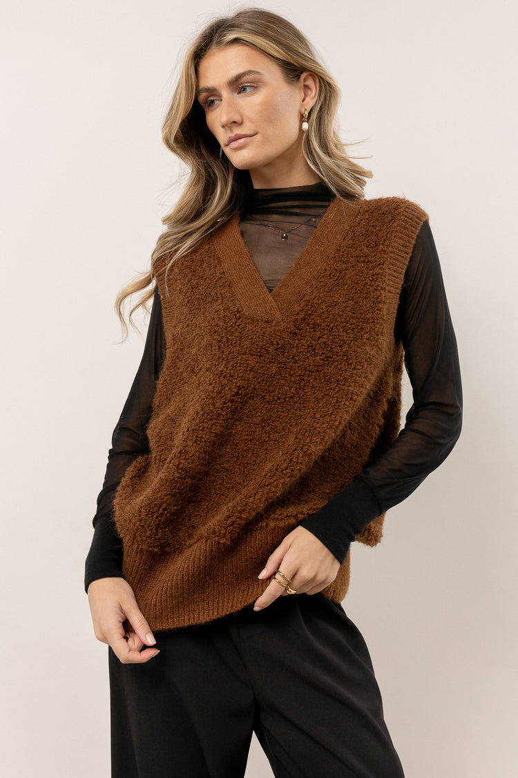 brown sweater vest with V-neck