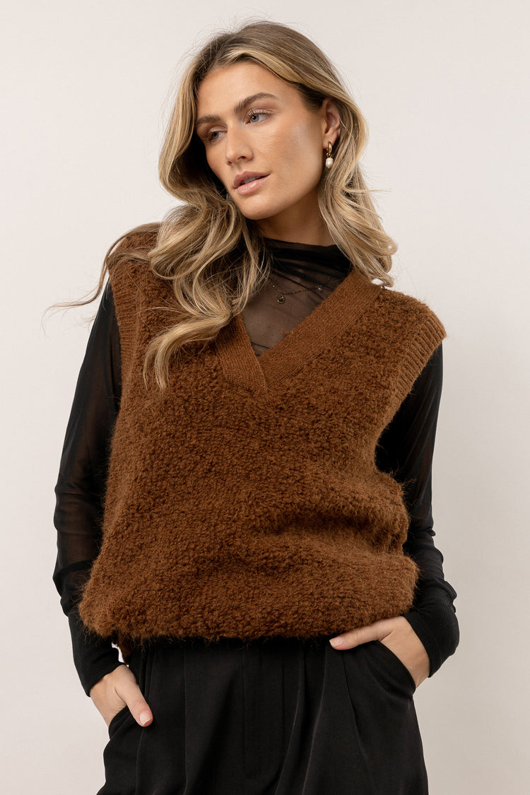 brown fuzzy textured sweater vest