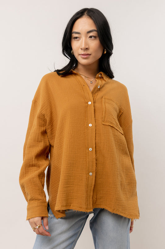 mustard button up with front pocket