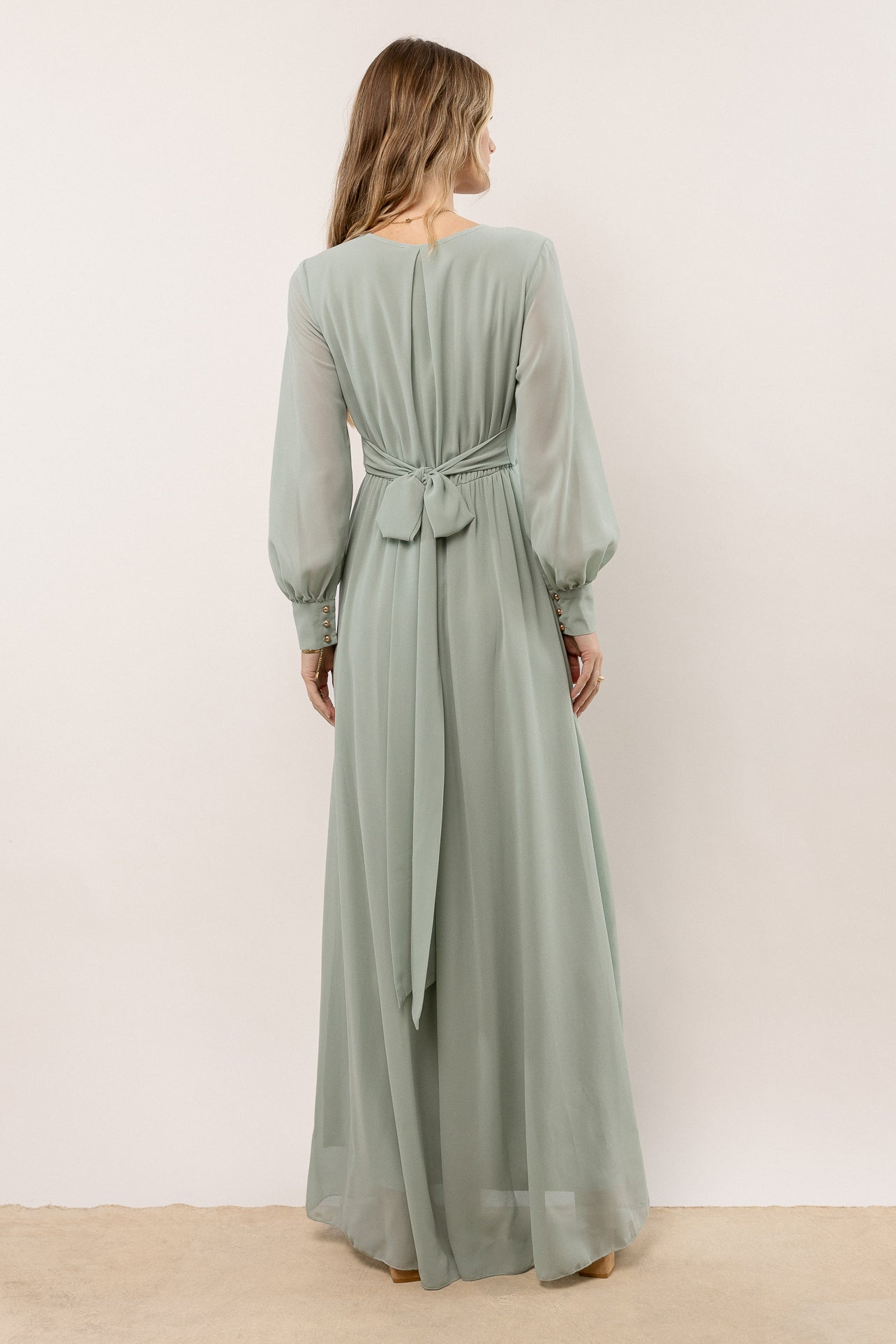 Afflatus Hijab - Long Sleeve Sage Green Maxi Satin Wrap Dress