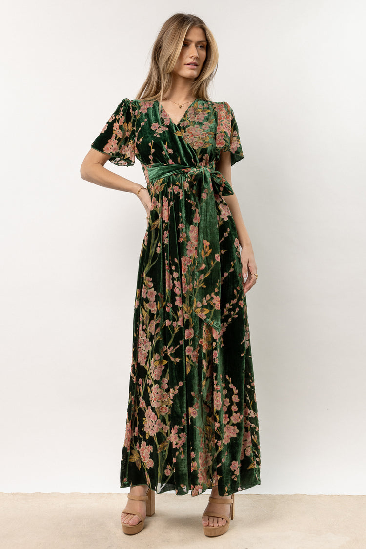 green velour dress with floral detail