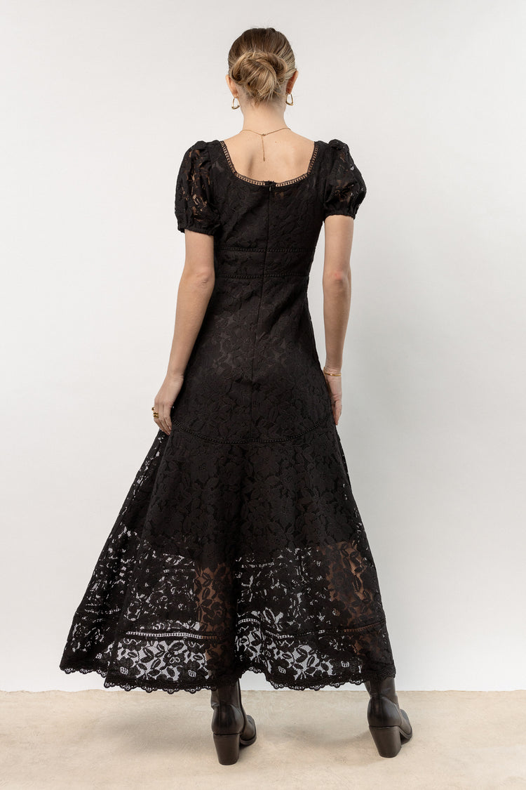 maxi dress with lace puff sleeves