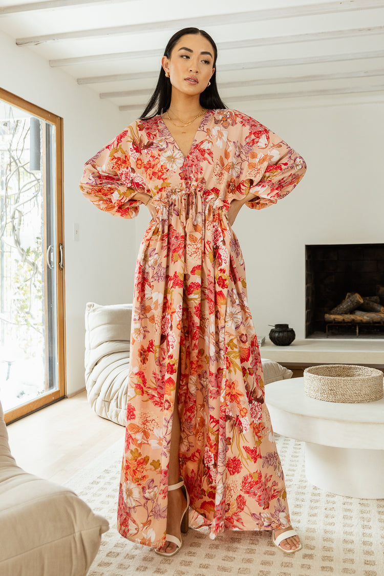 Synch waist with pink floral maxi dress