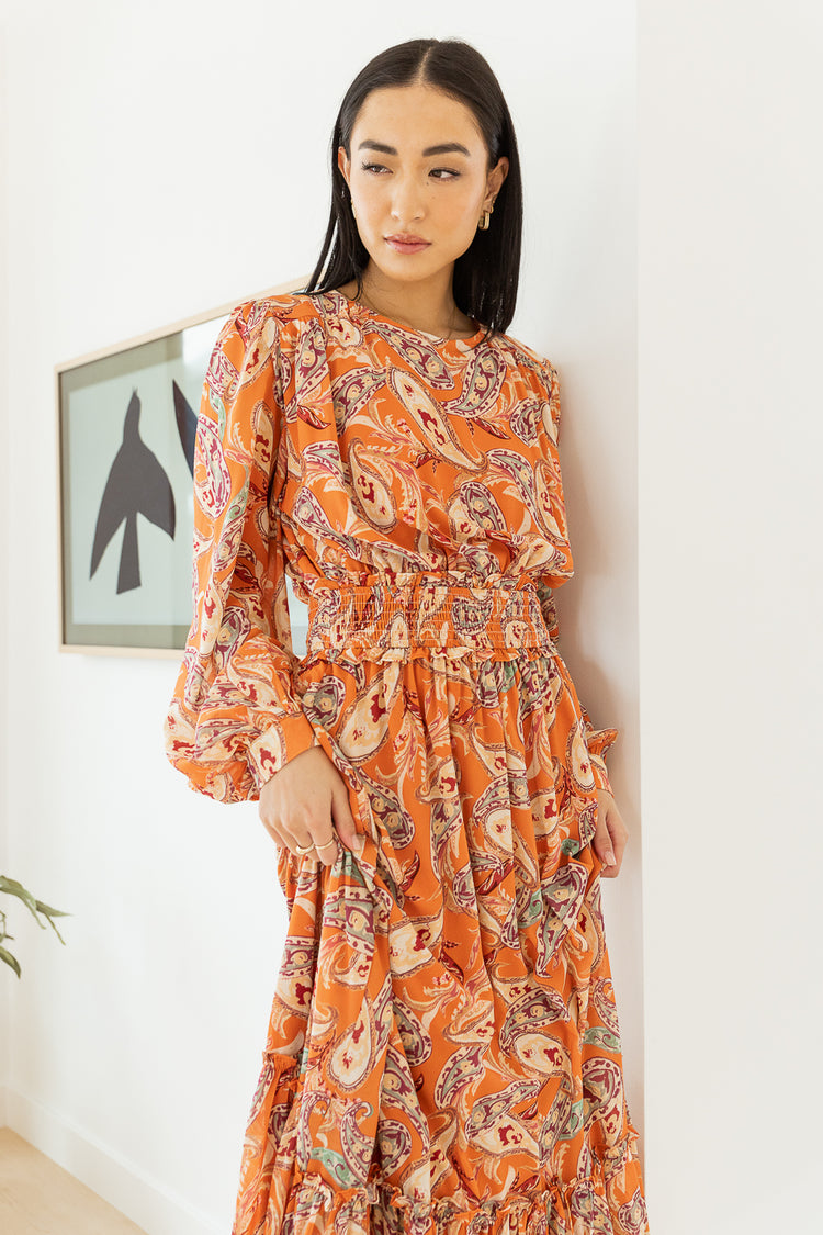orange maxi dress with paisley print