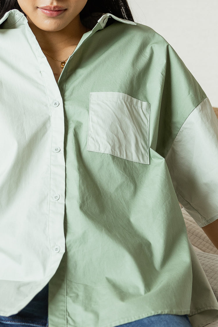 short sleeve button up with two toned color