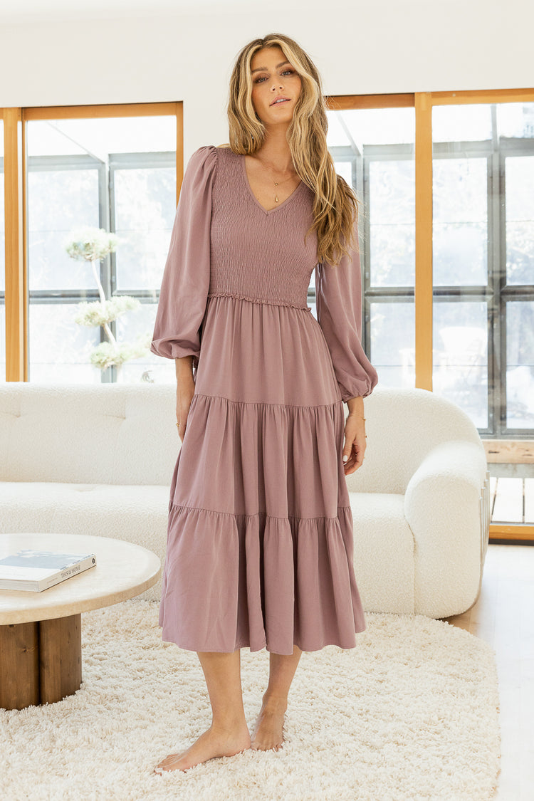 Smocked Tiered Midi Dress in Lavender