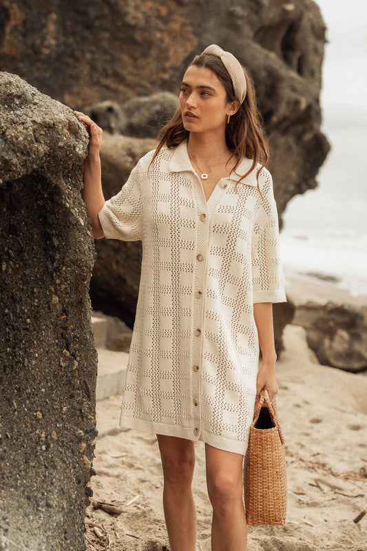 Crochet Button Up Dress in Cream - FINAL SALE