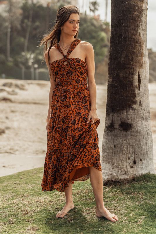 Front knot top floral dress in rust 