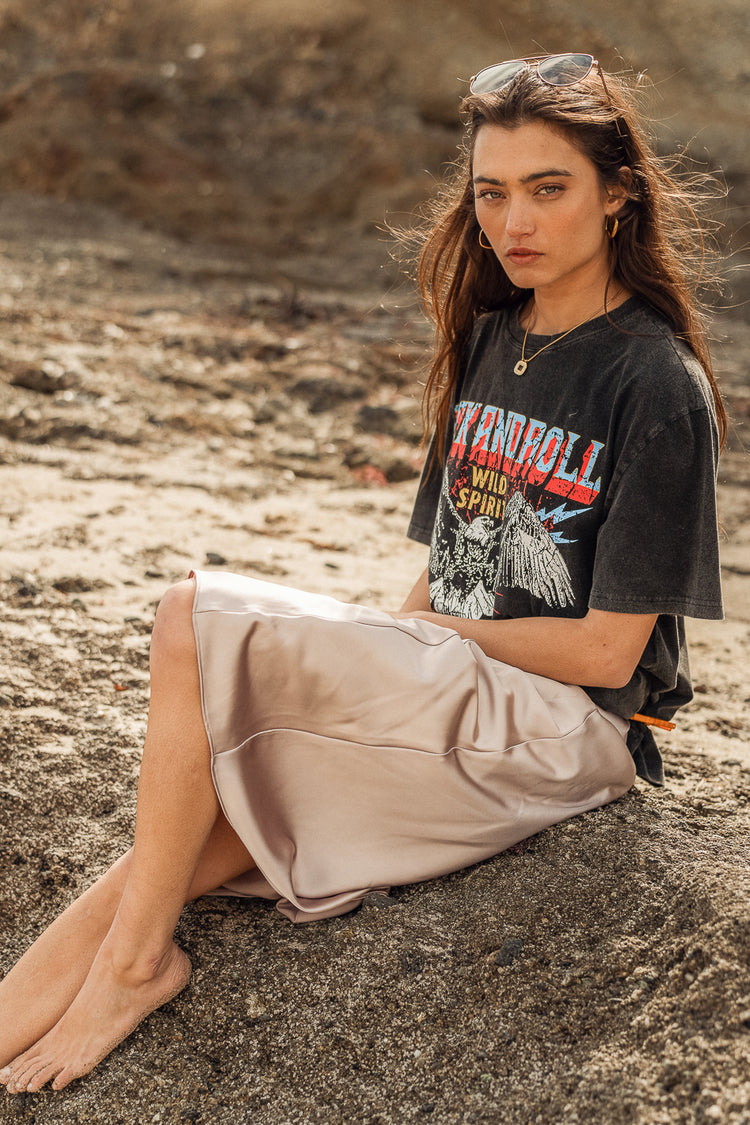 rock and roll graphic tee with midi skirt