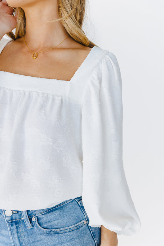 white square neck textured blouse