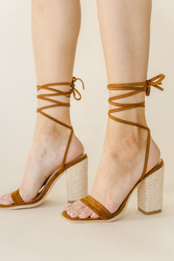 side view of camel lace up shoes