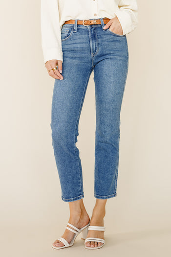 High rise straight leg jeans in medium wash 