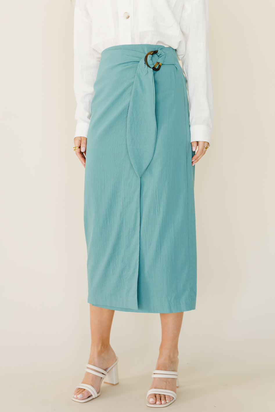 Teal wrap shop midi skirt