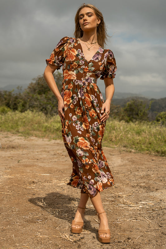 Eliana Floral Maxi Dress in Brown