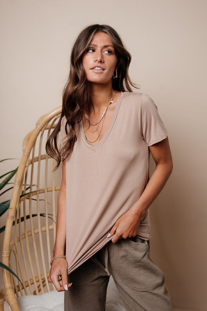 Essentials V Neck Tee in Taupe - FINAL SALE