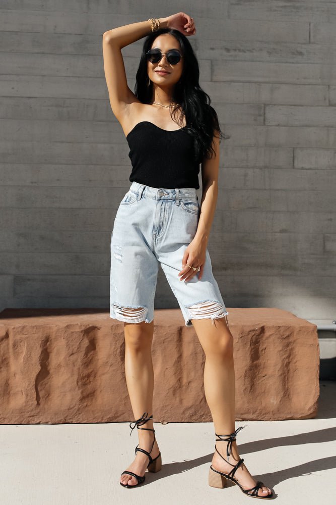 ribbed tube top with denim shorts