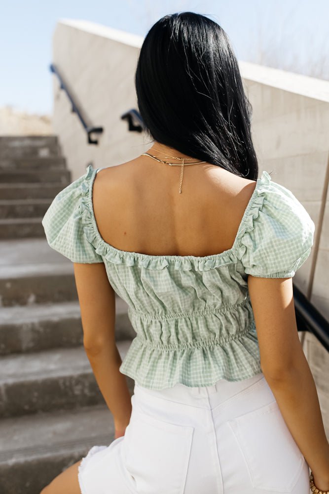 sage colored cropped puffy blouse
