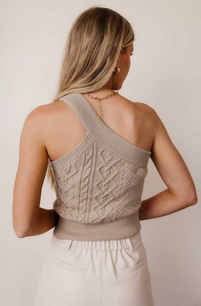 taupe crop top with woven detailing