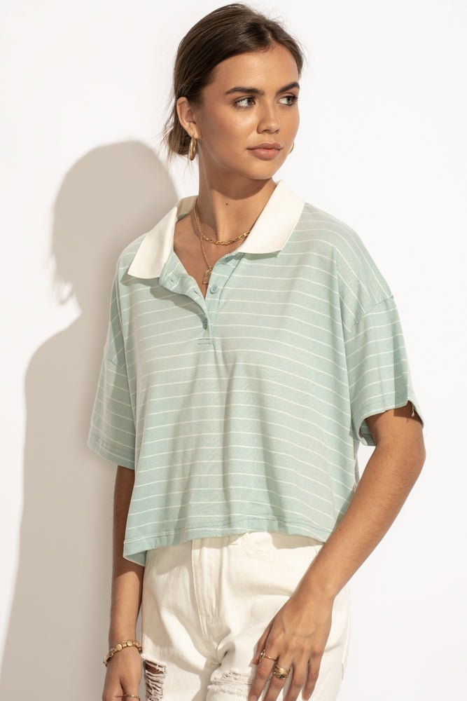 green and white crop top polo