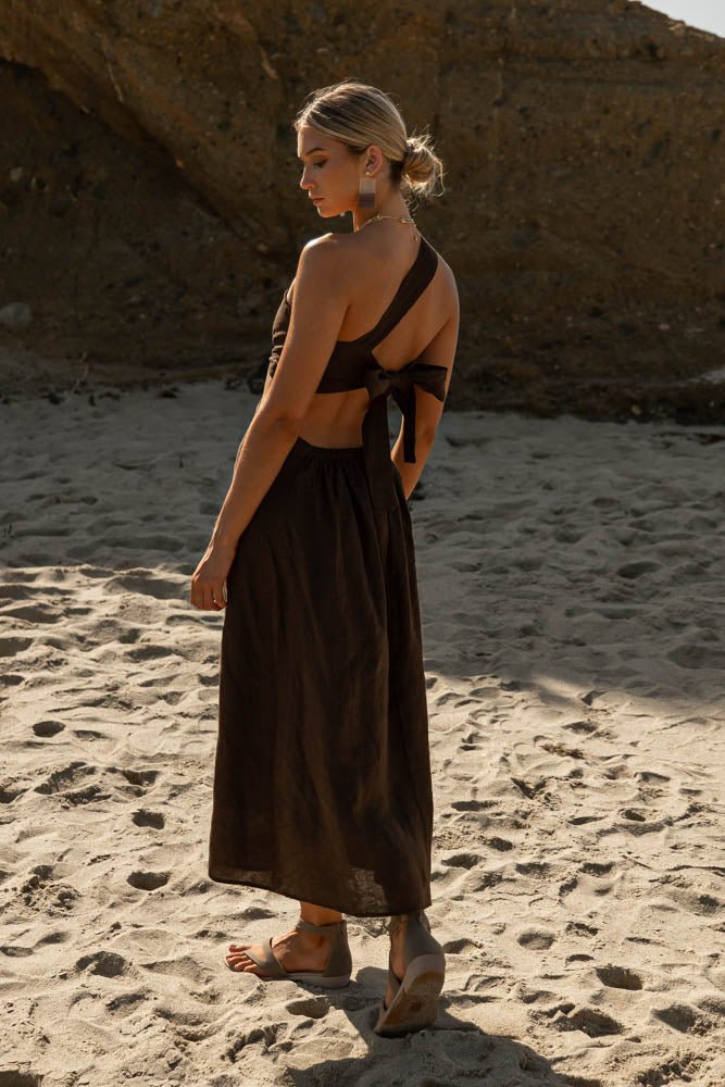brown beach dress with open back 