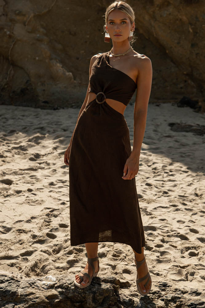 linen brown dress with side cutout