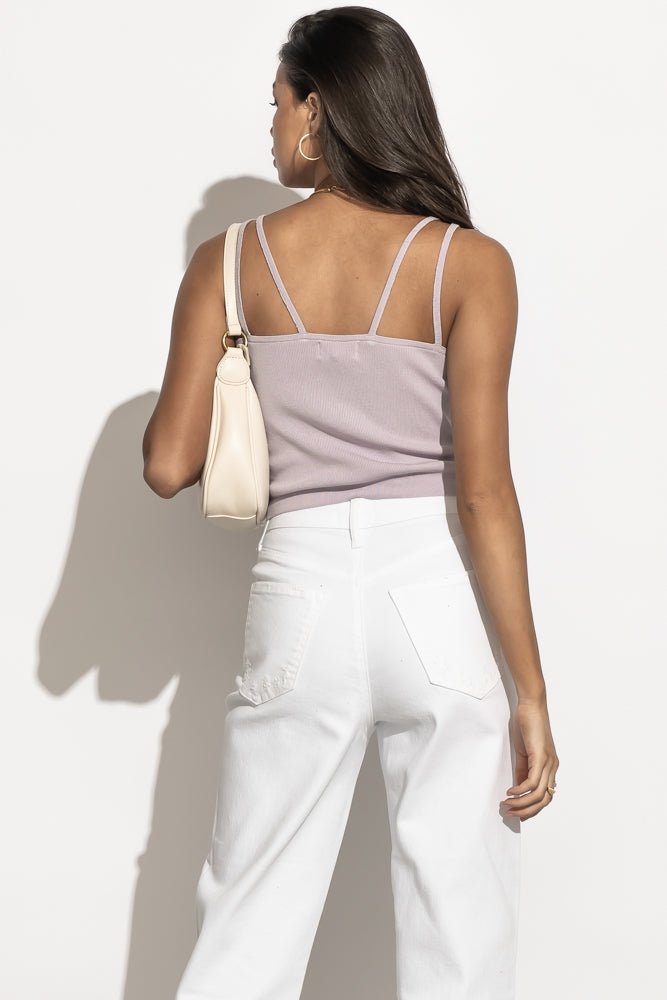 lavender sleeveless top with double strap detail