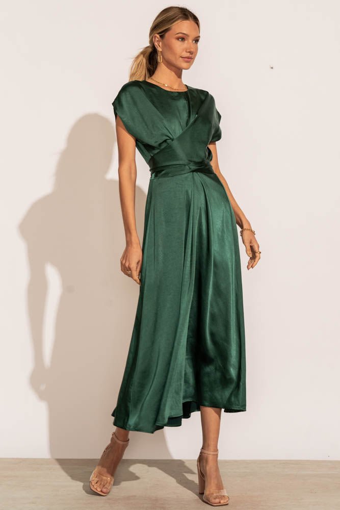 short sleeved satin midi dress