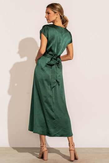green midi dress with tie detail