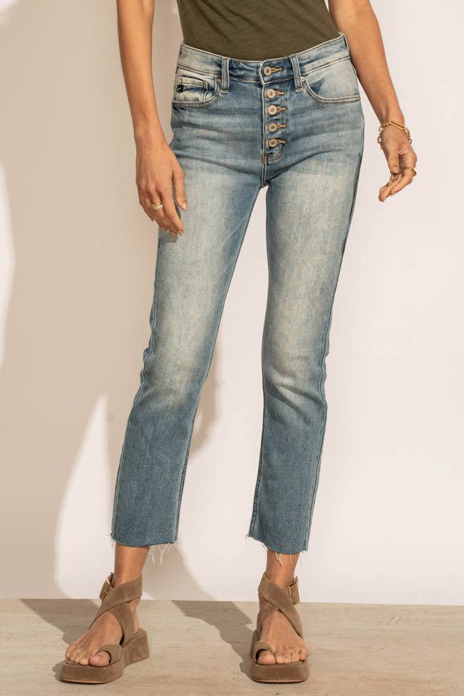 faded denim cropped jeans with button front