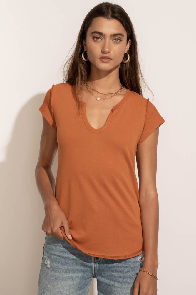 neutral orange v-neck tee shirt