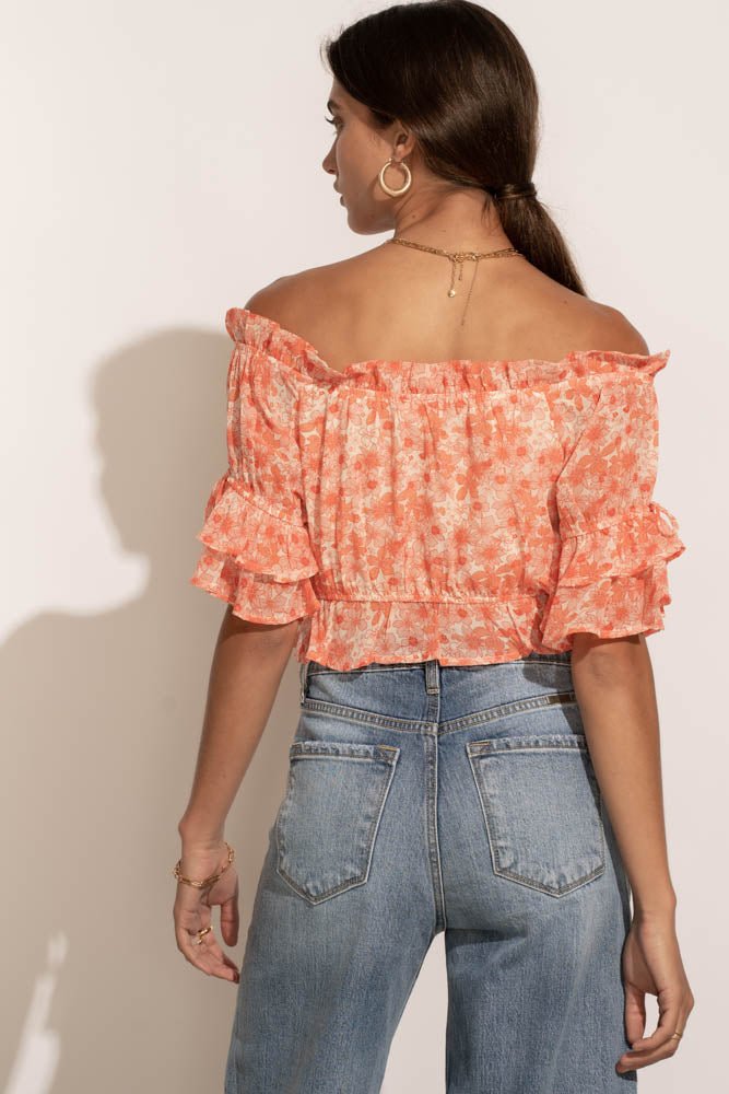 floral blouse with off the shoulder sleeves