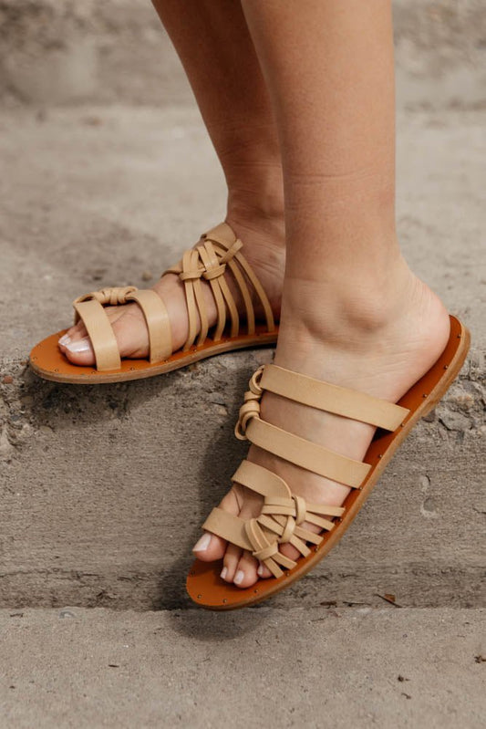 tan sandals with double U straps