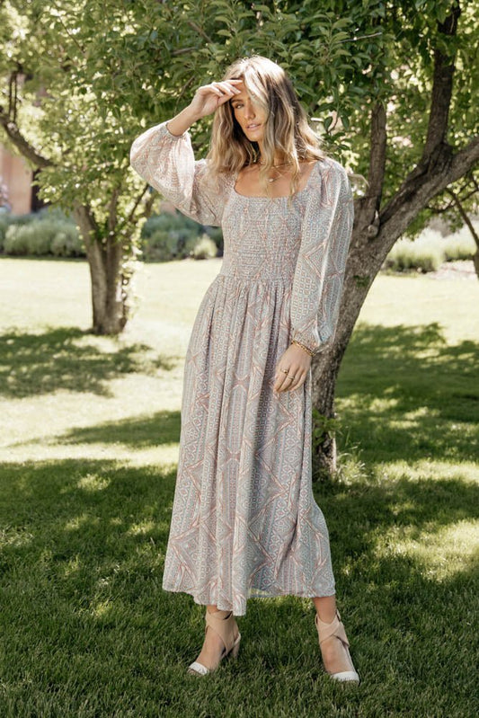 pastel patterned long sleeve midi dress