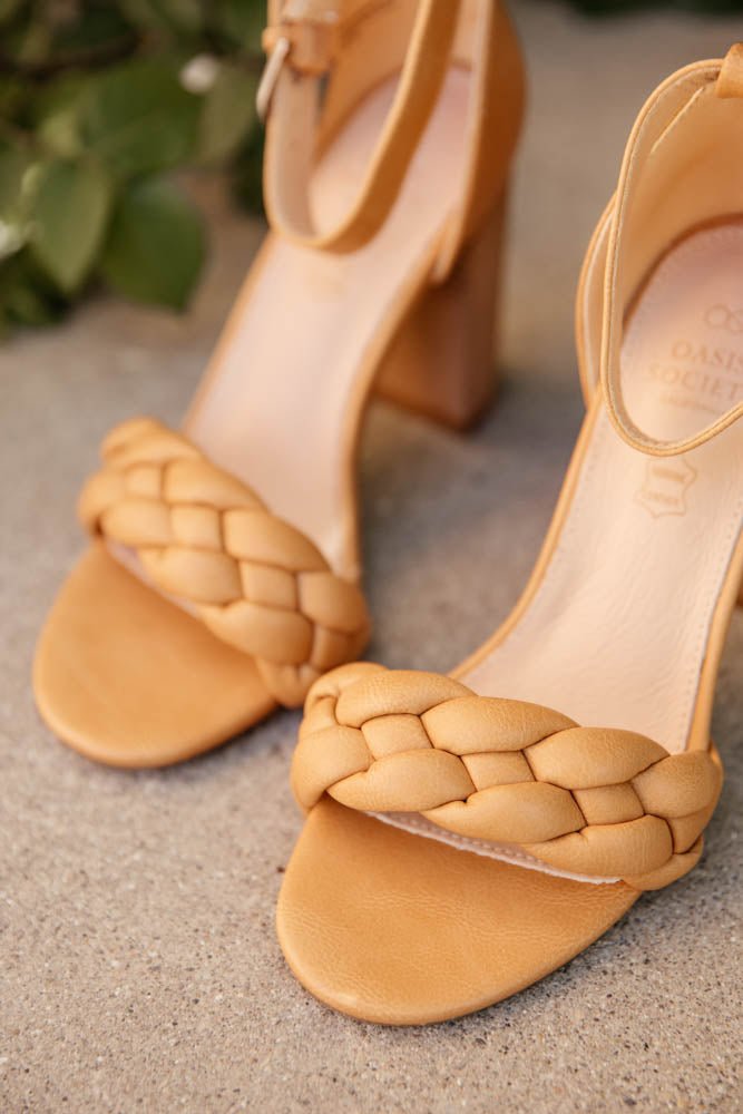 tan heels with braided detail