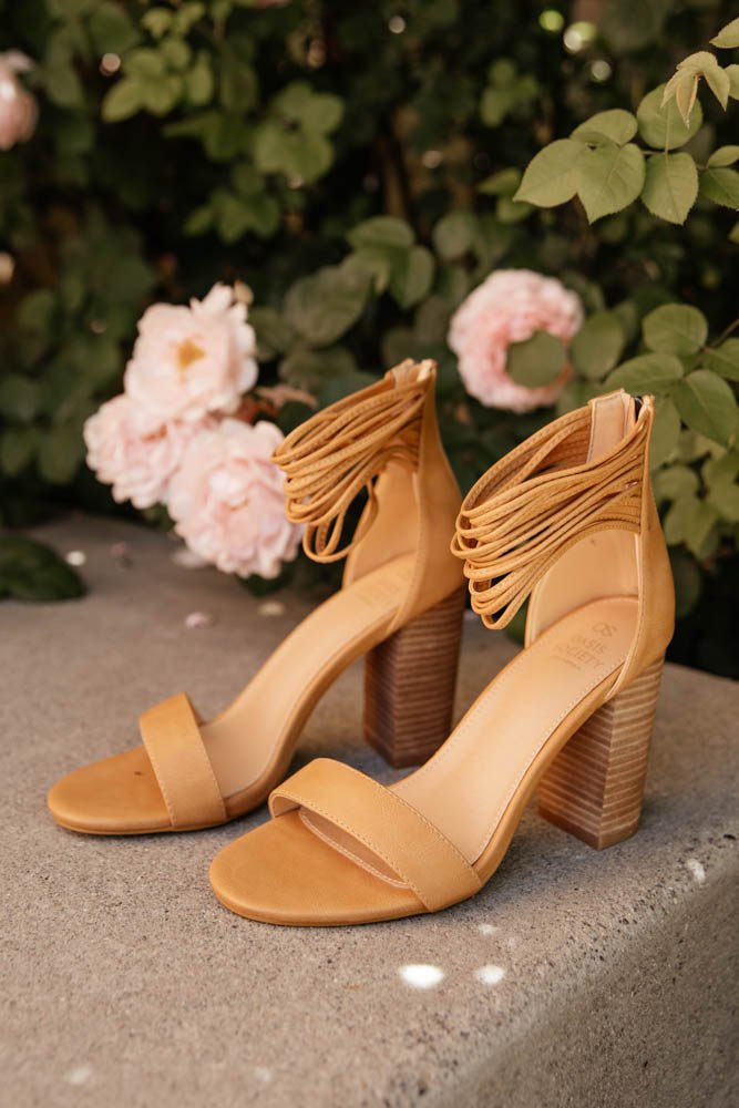 tan block heel with ankle strap