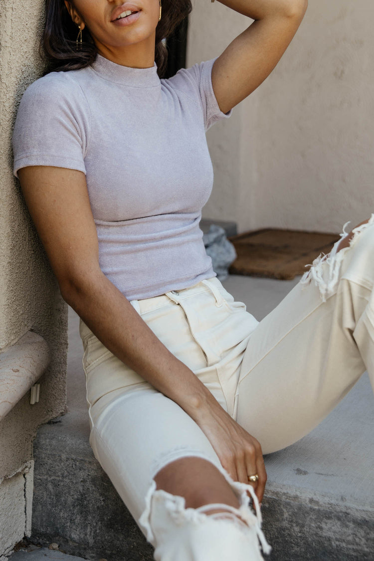 lavender cropped top with mock neck