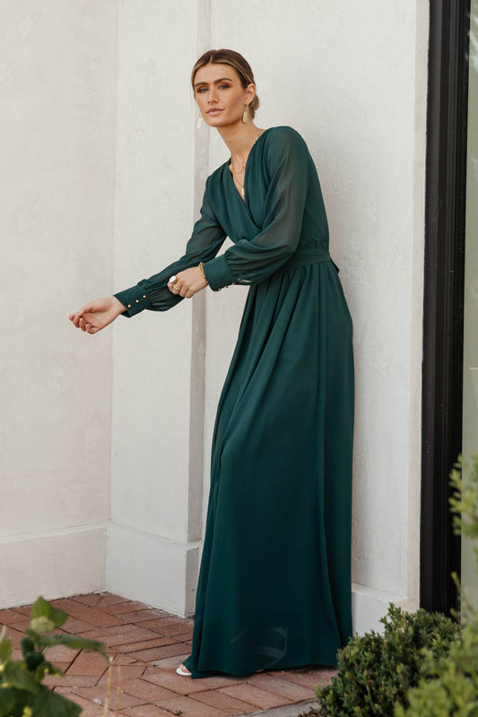emerald maxi dress with long sleeves