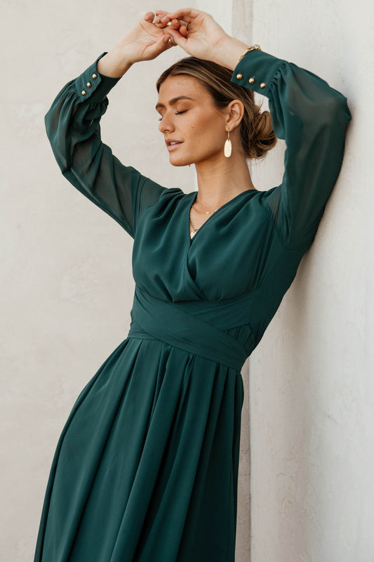 emerald dress with long sleeves
