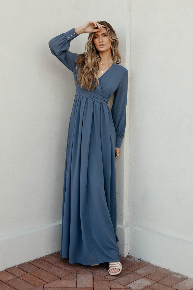 blue maxi dress with sheer sleeves