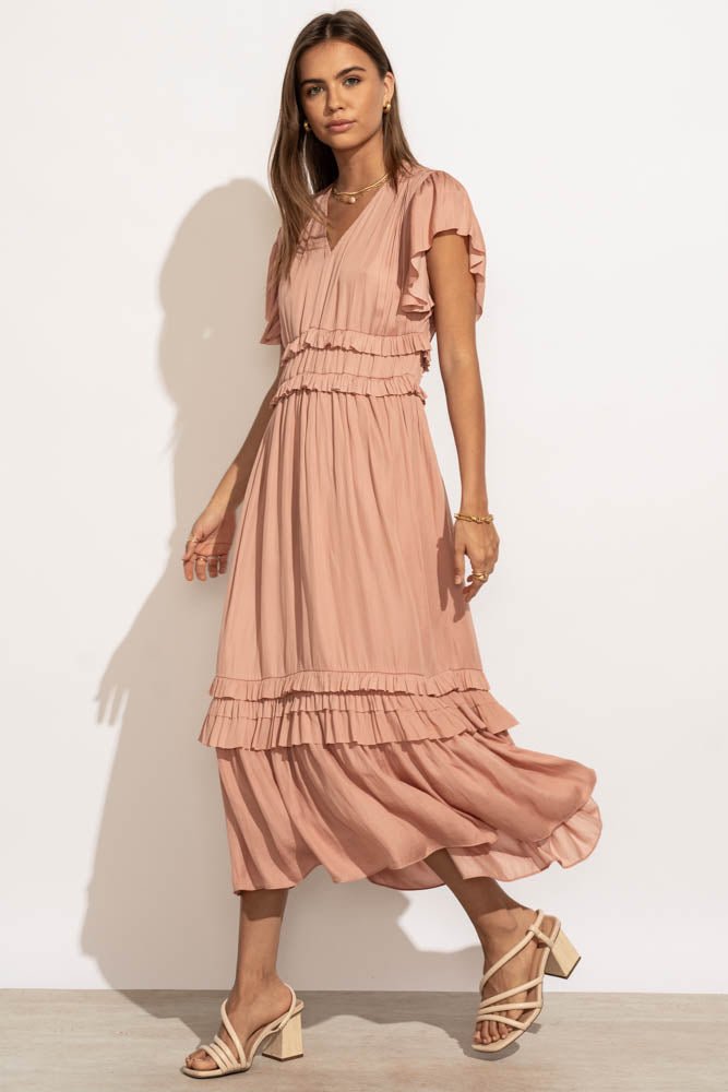 pink midi dress with flutter sleeves