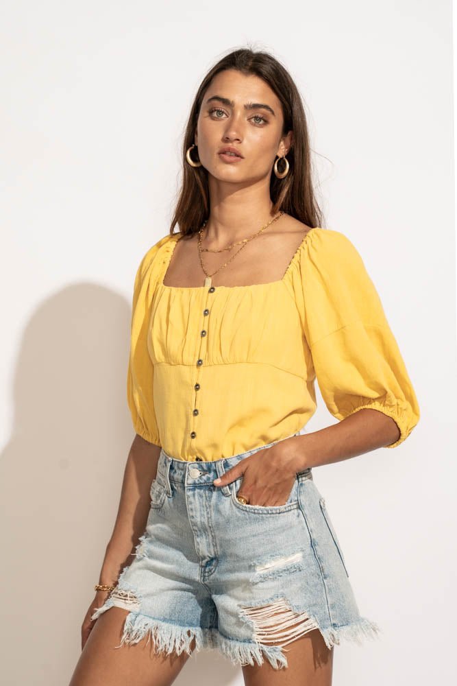 yellow blouse with square neck