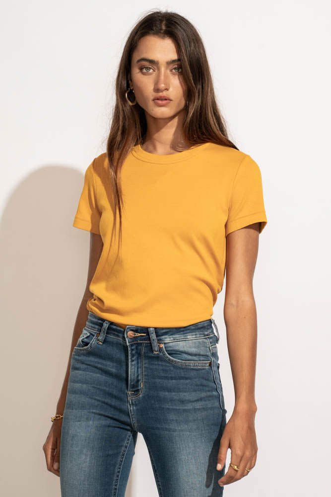 mustard color tee shirt