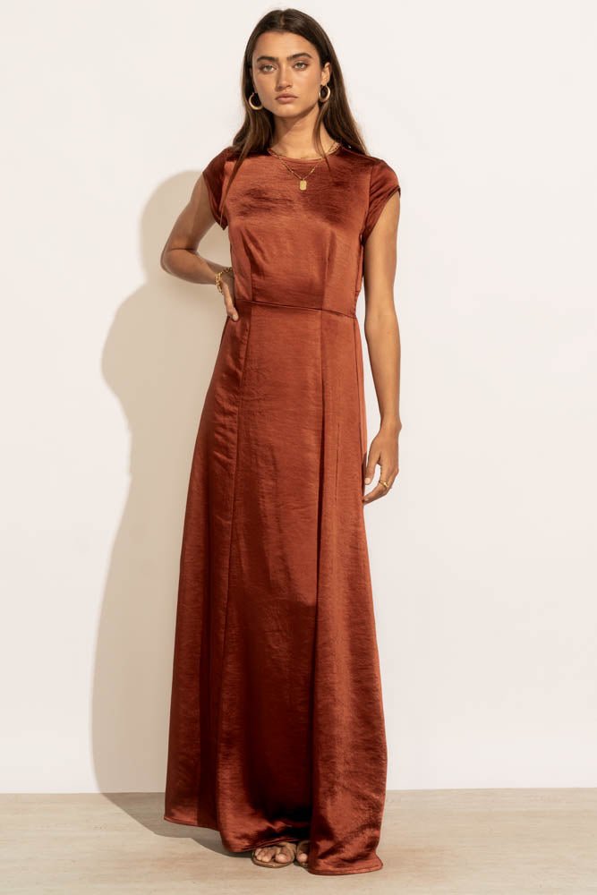copper maxi dress with cap sleeves
