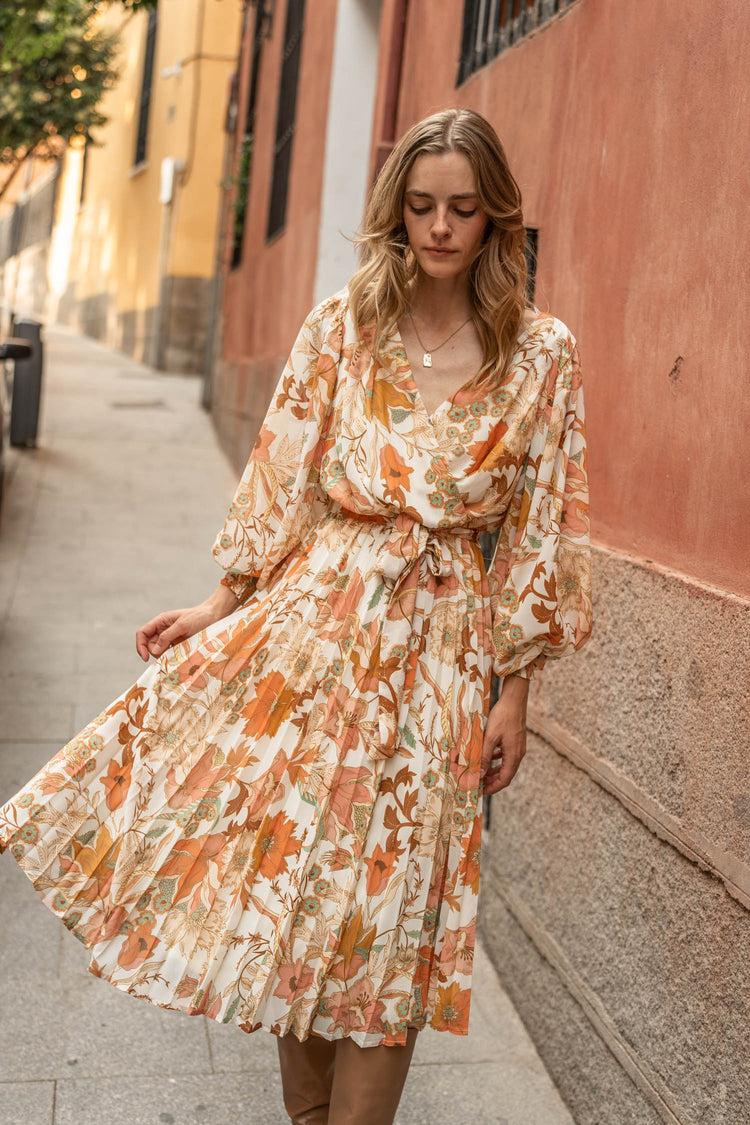 long sleeved floral midi dress with elastic waist