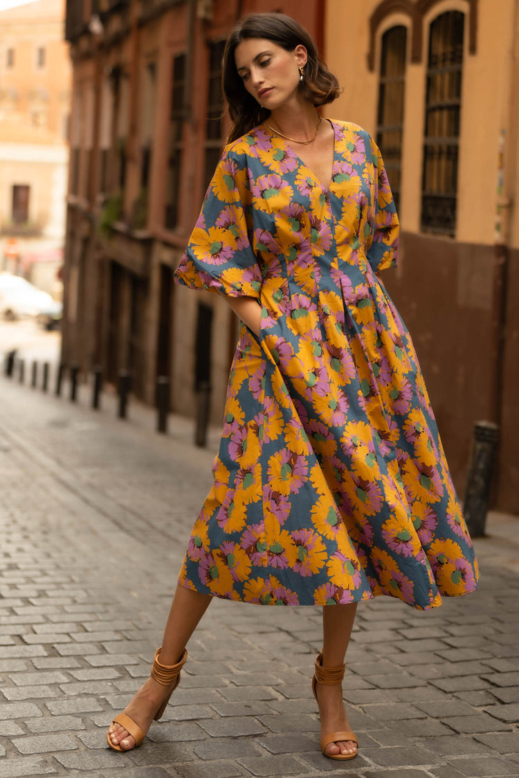 floral midi dress with pleated detail