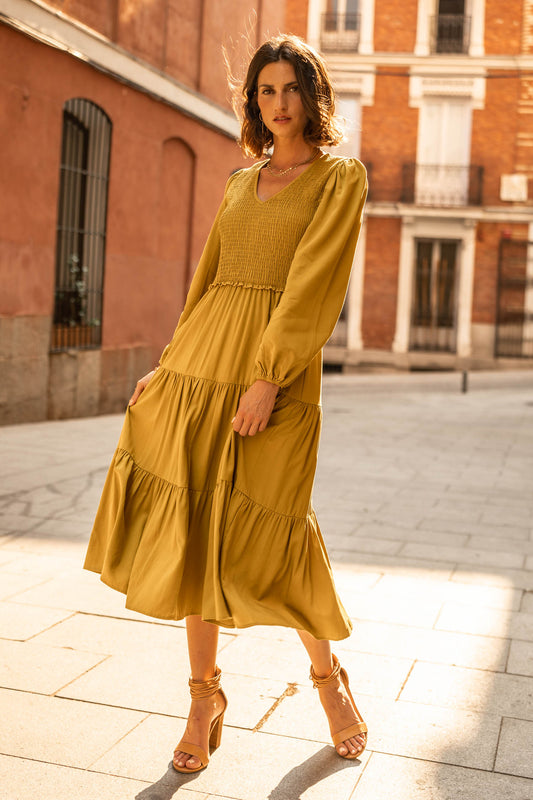 long sleeved chartreuse dress with smocked top