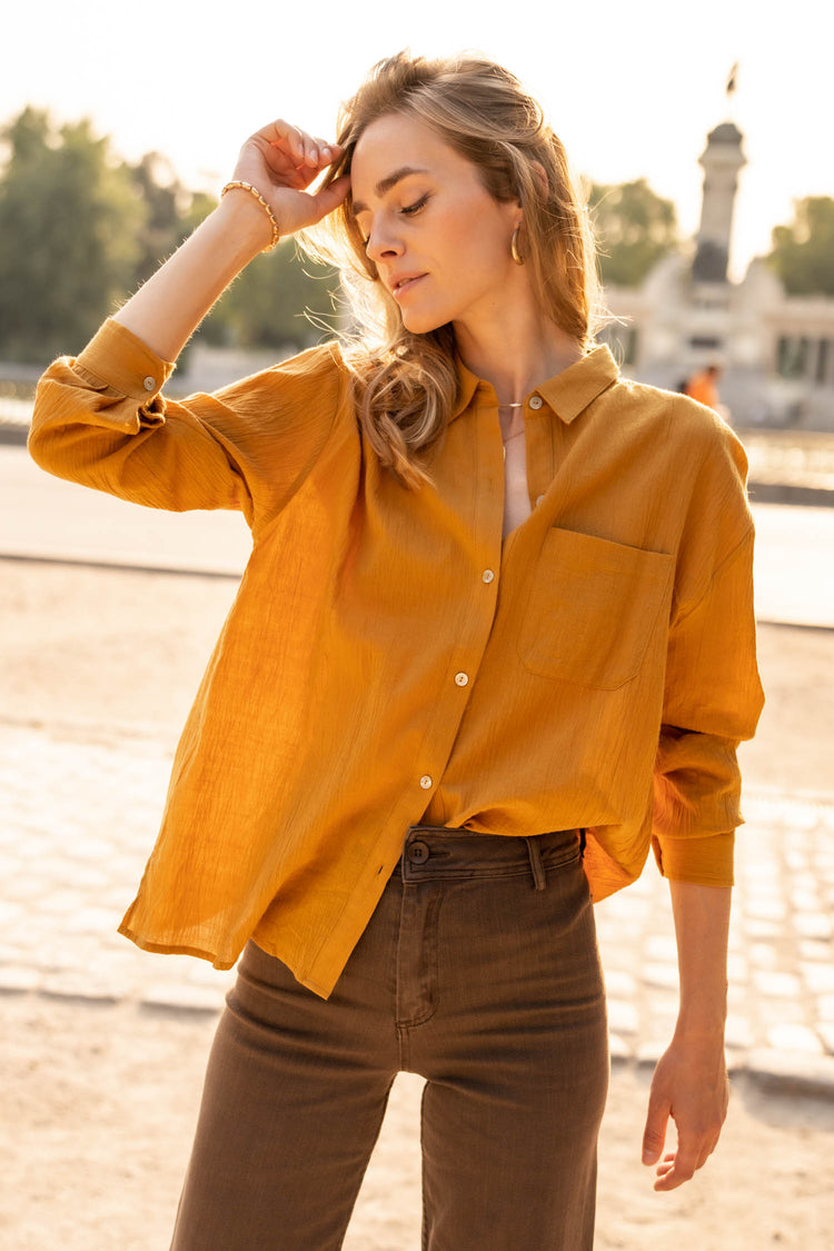 loose fitted mustard blouse